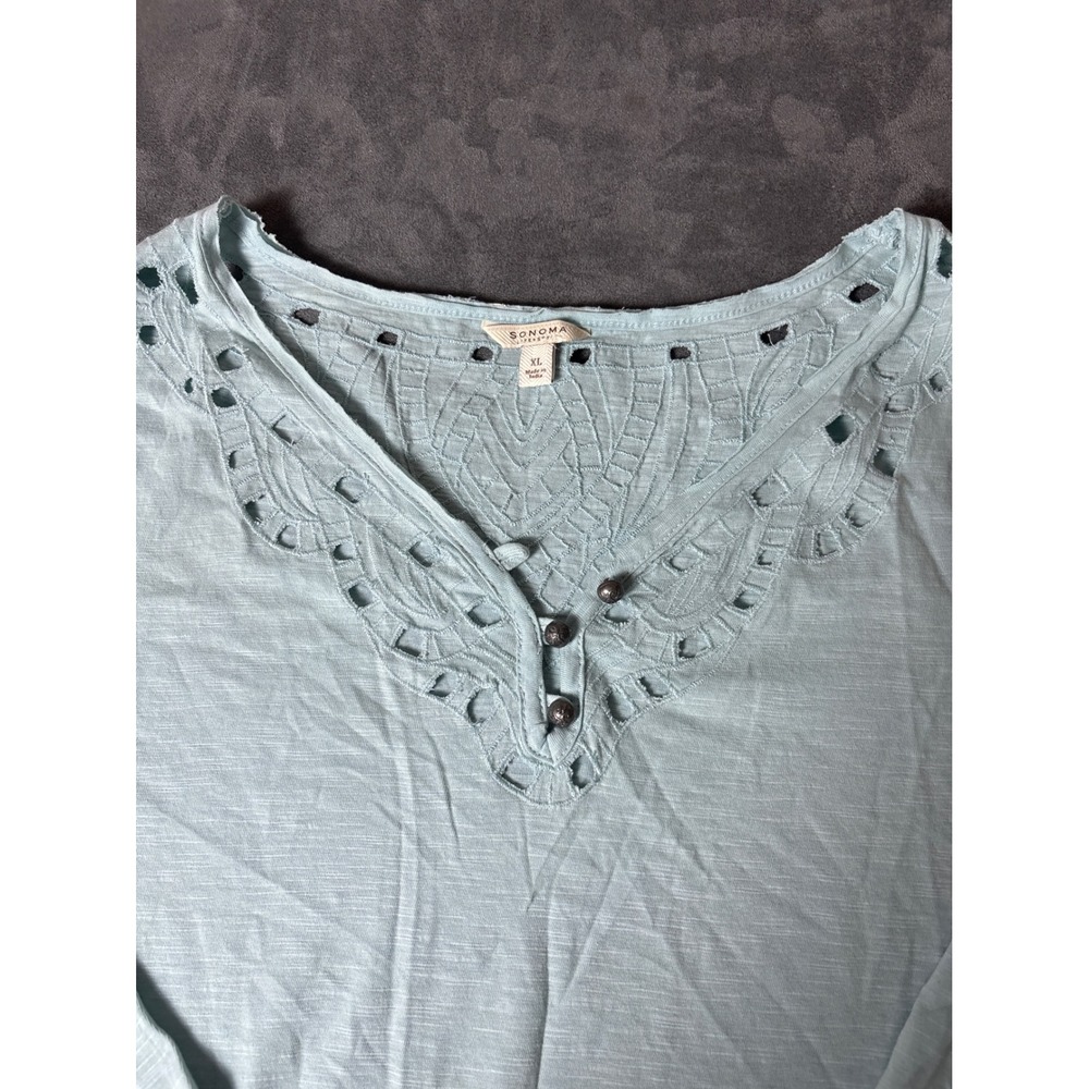Boho Blue Top Cottagecore  Eyelet V-Neck Slub Knit Top NWT